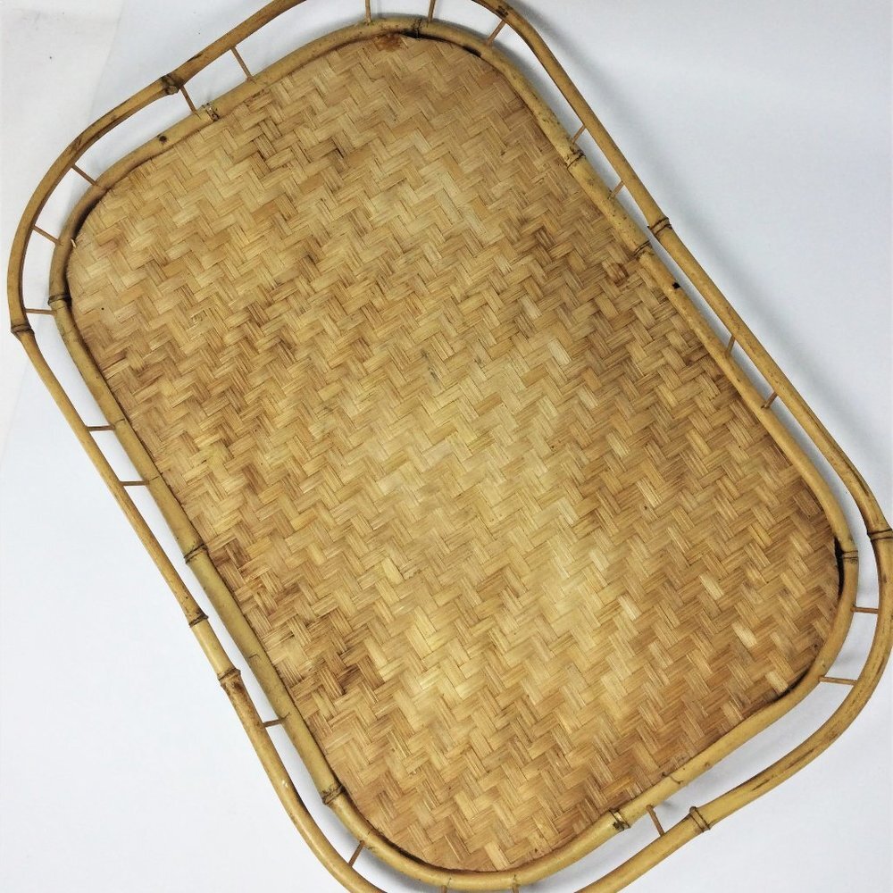 Vintage Bamboo Woven Rattan Serving Tray Set of 4
